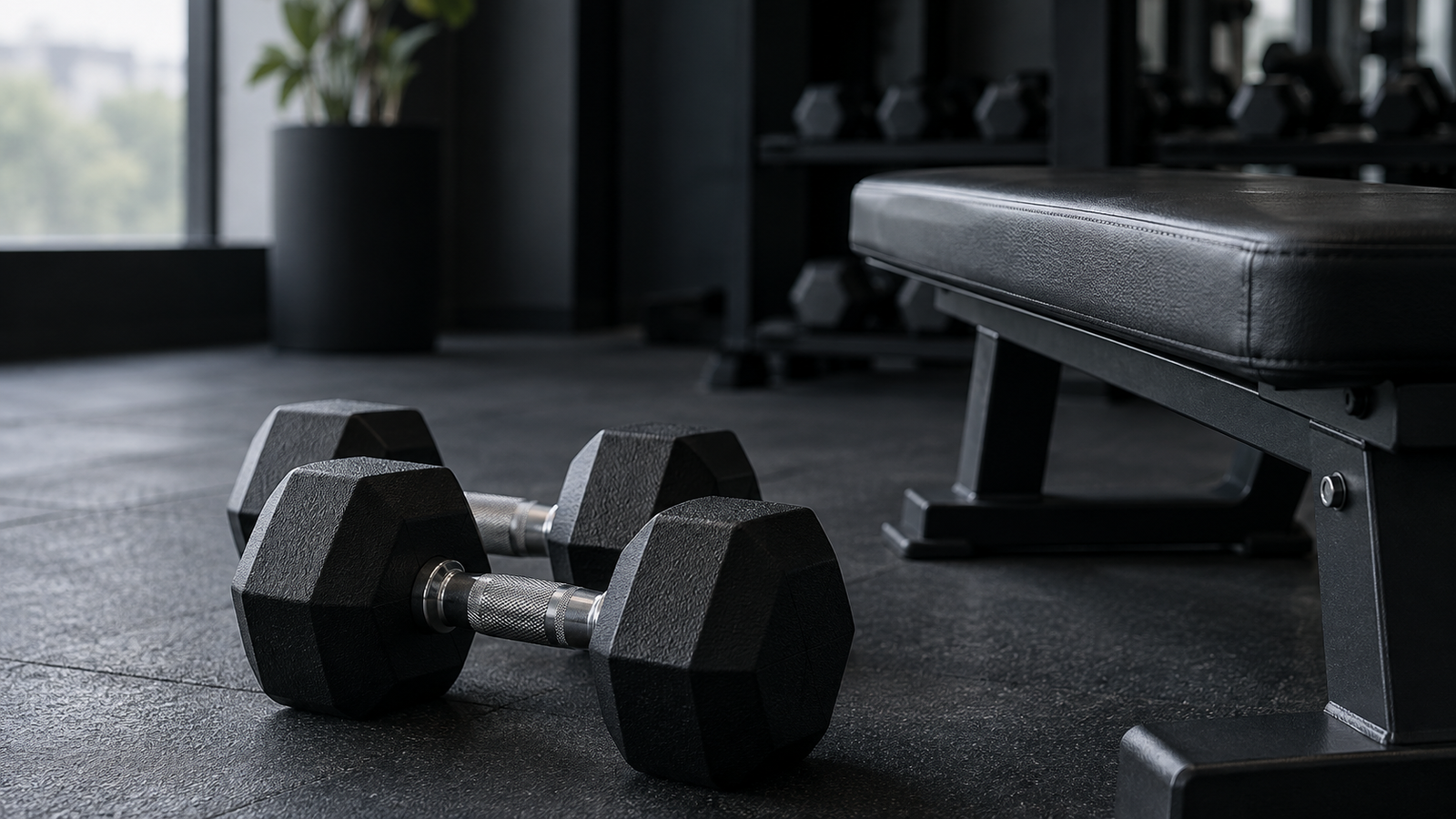 Hanteln und Trainingsbank in einem modernen Fitnessstudio